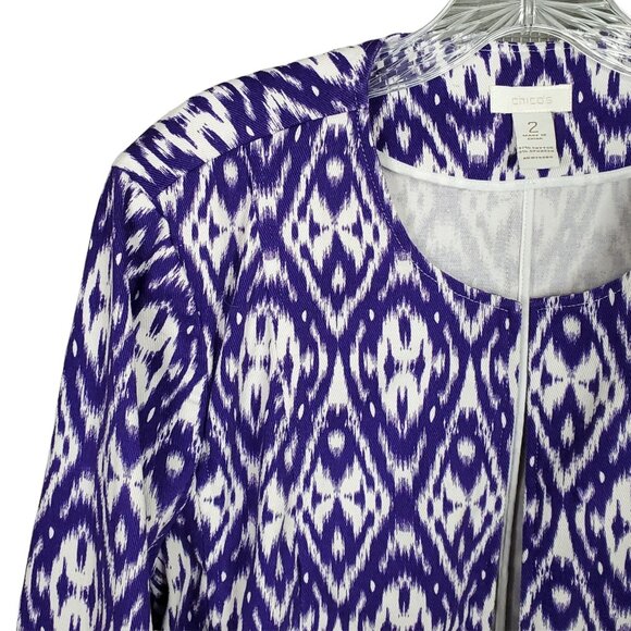 Chico's 2 Size L Jacket Open Collarless Blazer Pockets Cuff Sleeves Ikat Purple - Picture 4 of 7